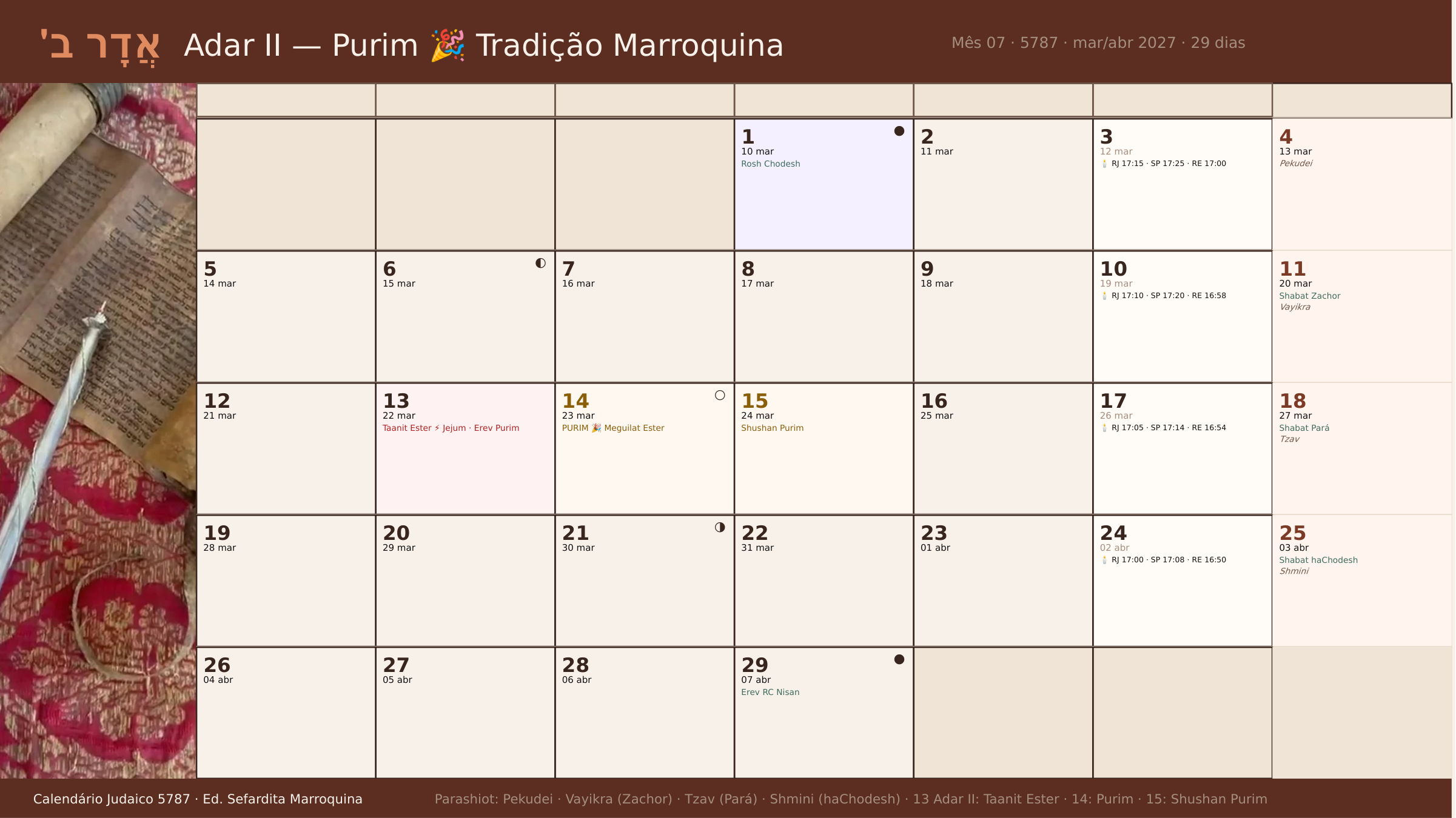 Calendário Adar II — Purim! 🎉 5787