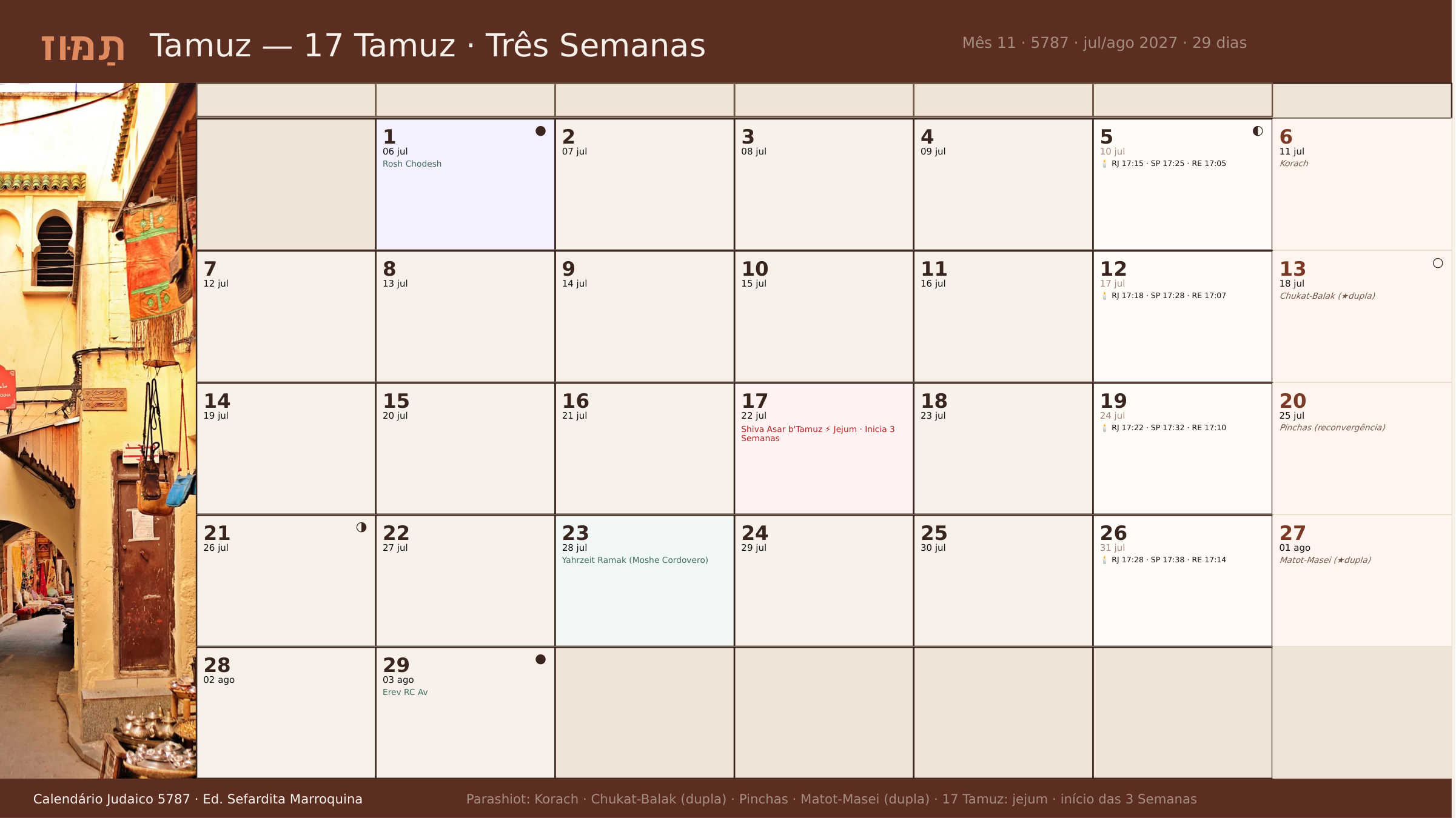 Calendário Tamuz — As Três Semanas 5787